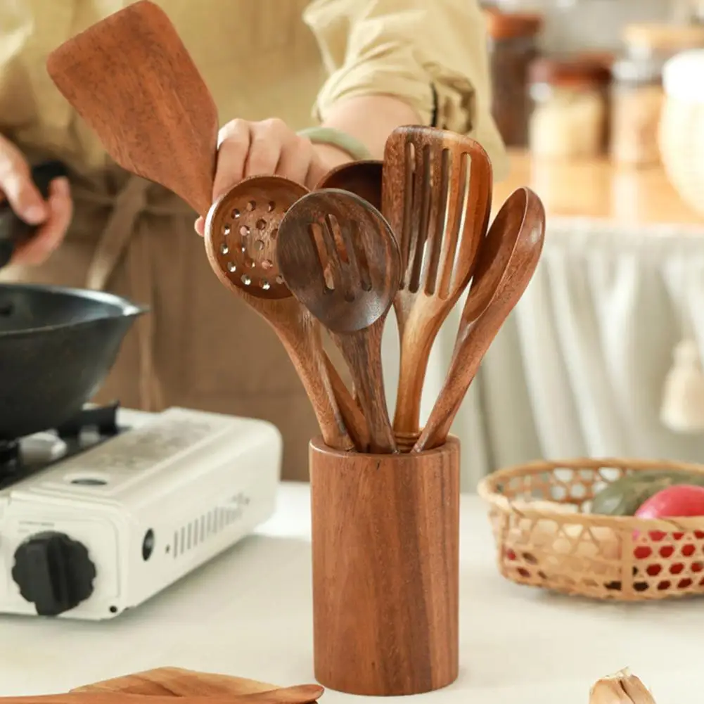 5/6Pcs Wooden Cooking Utensils Set Kitchen Utensils With Holder Spatula Set Solid Wood Kitchen Tools For Easy Stirring Serving