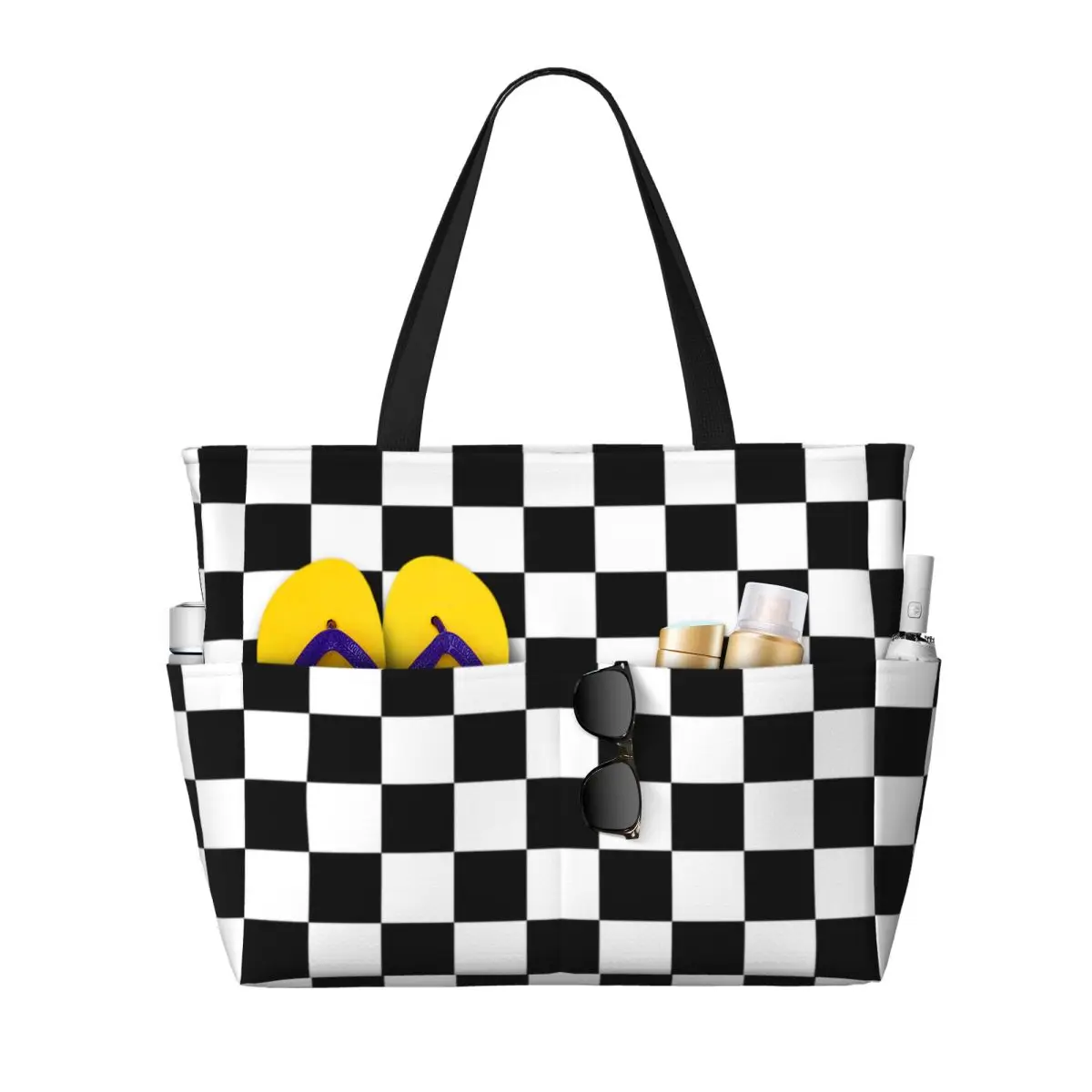 Custom Black And White Check Checkered Flag Grocery Tote Shopping Bags Women Big Capacity Chess Board Gym Beach Travel Bags