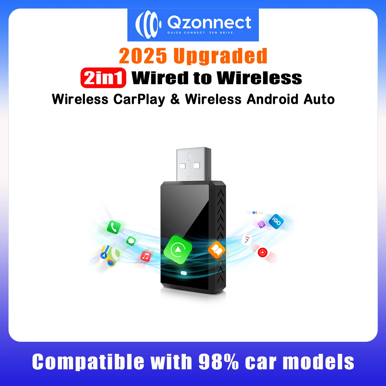 

Qzonnect 2025 Новый беспроводной адаптер CarPlay и Android Auto с 5 ГГц Wi-Fi Bluetooth 5.0 Голосовое управление для заводских проводных автомобилей