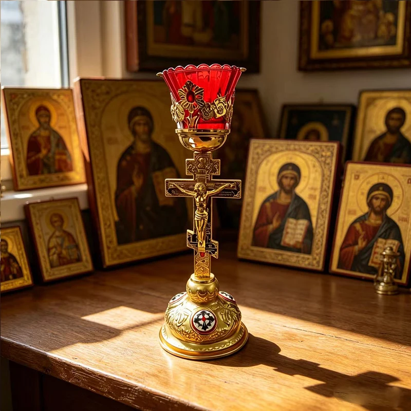 

New 2026 Vintage Gold Plated Orthodox Altar Vigil Lamp with Cross Red Glass for Home Altar Prayer Devotion Christian Gift Decor