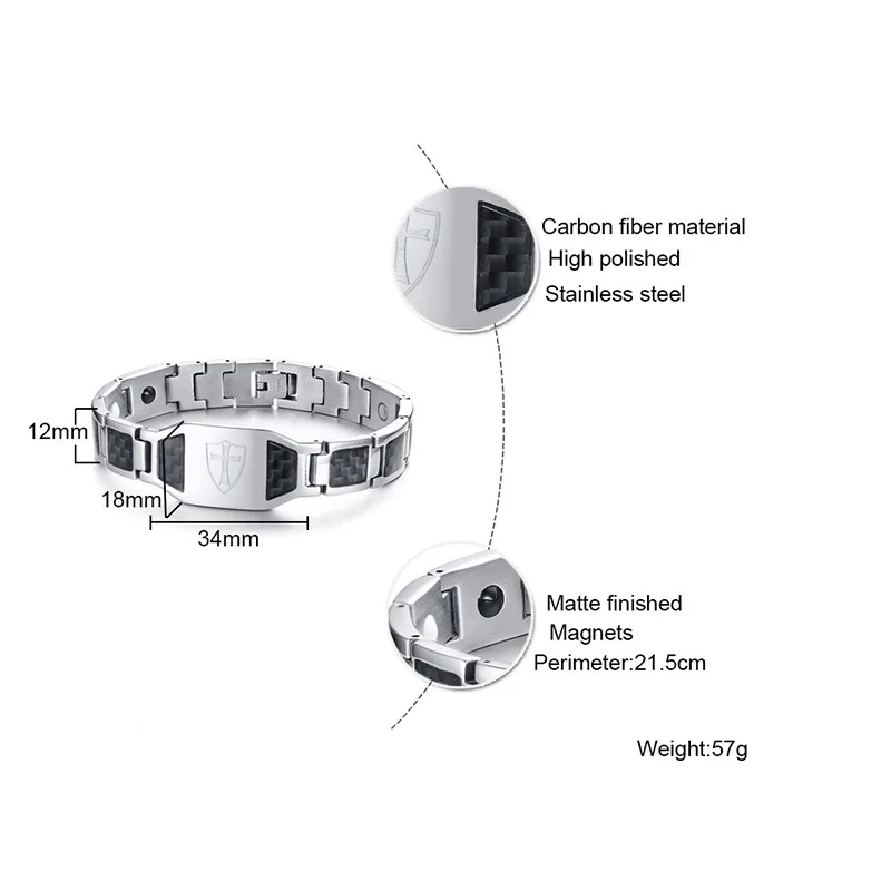 Carbon Fiber Magnetic Bracelet for Men Knights Templar Shield Cross Stainless Steel Bio Energy Therapy Male Pulseira