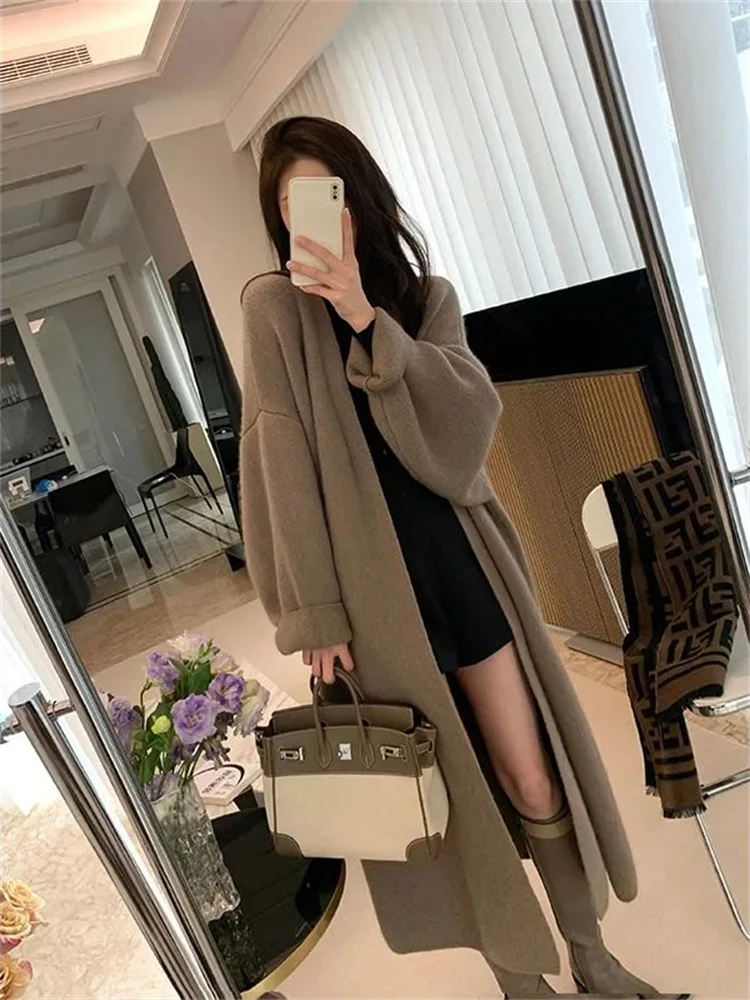 Korean Pink Knitted Mid-length Cardigan Loose Elegant Women Sweaters Casual Long Sleeve Tops Spring Fall Fashion Knitwear Coats