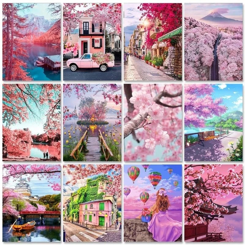 RUOPOTY Full Diamond Painting With Frame Pink Flowers Tree Diamond Embroidery Mosaic Cross Stitch Scenery For Home Decors