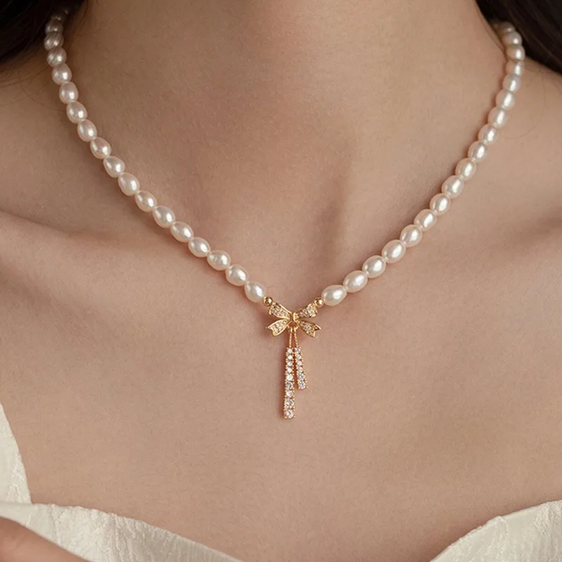 

Minar Elegant Rice Freshwater Pearl CZ Zircon Bowknot Beaded Pendant Necklaces for Women 18K Real Gold Copper Chain Chokers