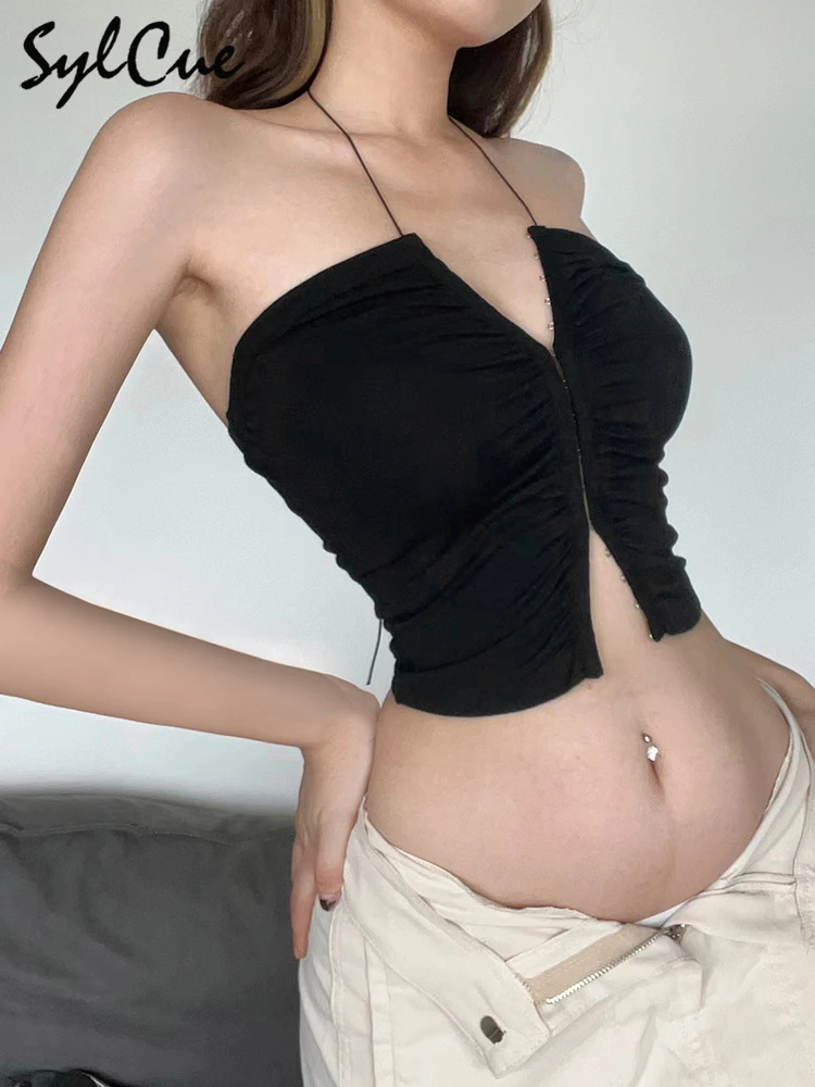 Sylcue 블랙 섹시 얇은 섹션 심플 캐주얼 올매치 스트리트 쿨 오픈 자신감, 핫 성숙한 여성 레이스업 미니 조끼