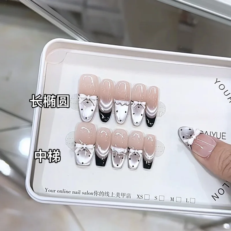 

10pcs Handmade Press on Nails Spring Summer Self-adhesive False Nails for Girls 3d Bow Cat Eye Sweet Nail Tips Glued Nails 2025
