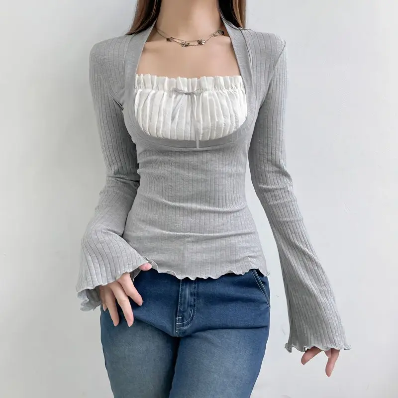 Ribbed T-Shirt Tops Y2k 2000s Women Fairy Chic Versatile Clothing Long Sleeve Square Tie Bow Decoration Elegant Streetwear