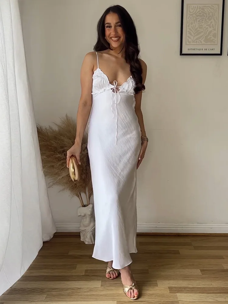 웨딩 게스트 여성을위한 우아한 긴 드레스 넥타이 V 넥 스파게티 스트랩 새틴 맥시 드레스 섹시한 오픈 백 날짜 나이트 파티 드레스