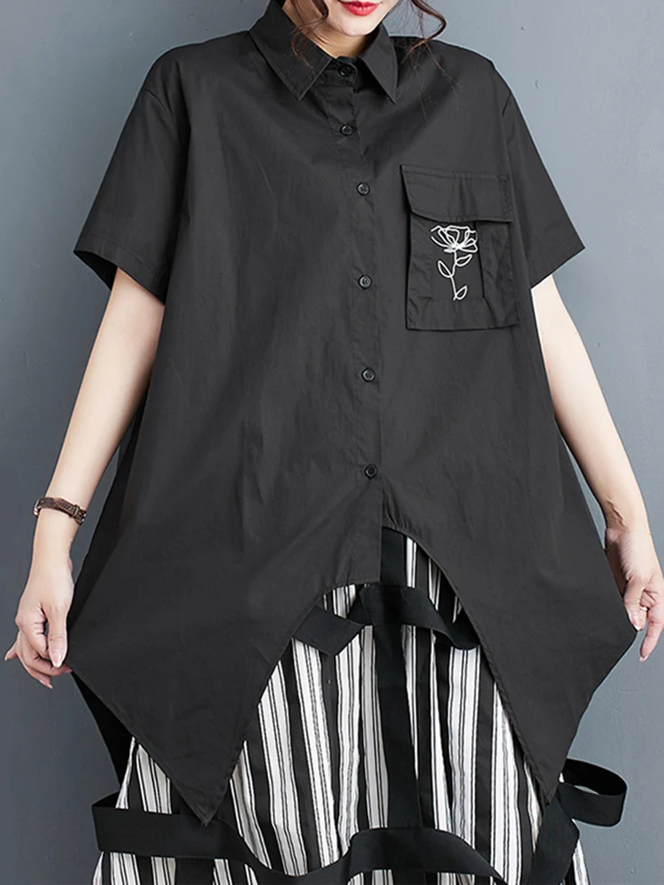 Irregular Black Vintage Print Oversized Shirt Women Short Sleeve Pocket Loose Casual Blouse Top Fashion Clothing New Summer 2024