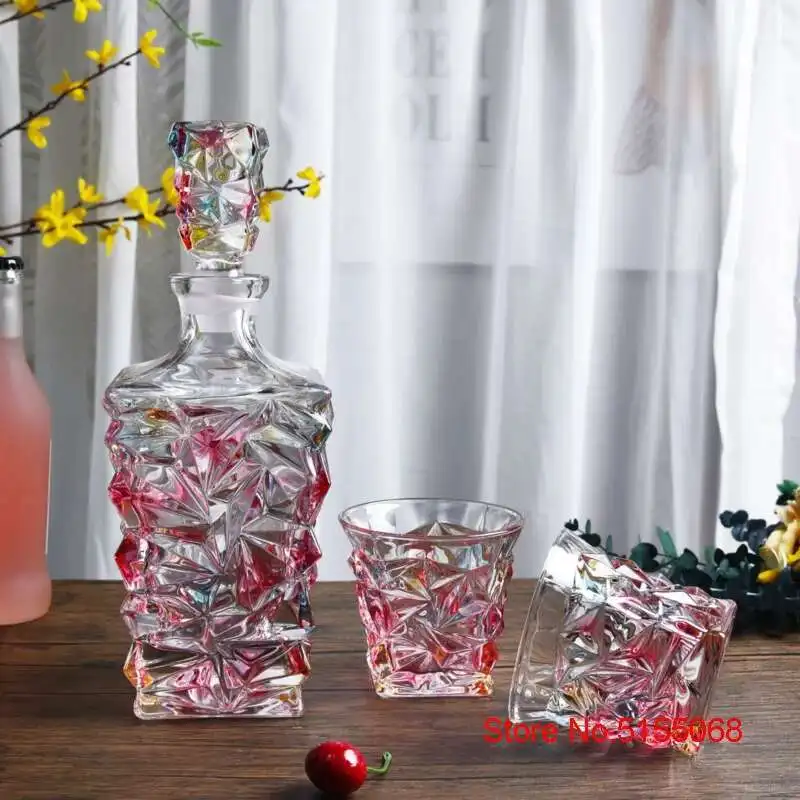 Ambilight Color Glacier Crystal Whisky Decanter Cups Set Ice Crack Hand Painted Brandy Wine Liquor Bottle Stopper Whiskey Glass