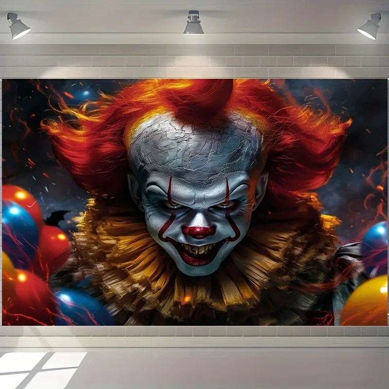 Una pieza, tela de fondo de Halloween, payaso malvado, escenario de circo de carnaval, eerie, sonrisa malvada, poliéster