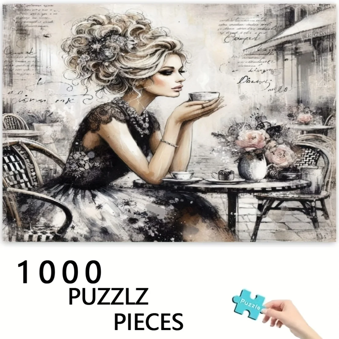 1000ピース ジグソーパズル - エレガントな女性と花柄のテーブルシーンを描いたヴィンテージティーパーティー、厚紙の難しいパズル（大人向け）