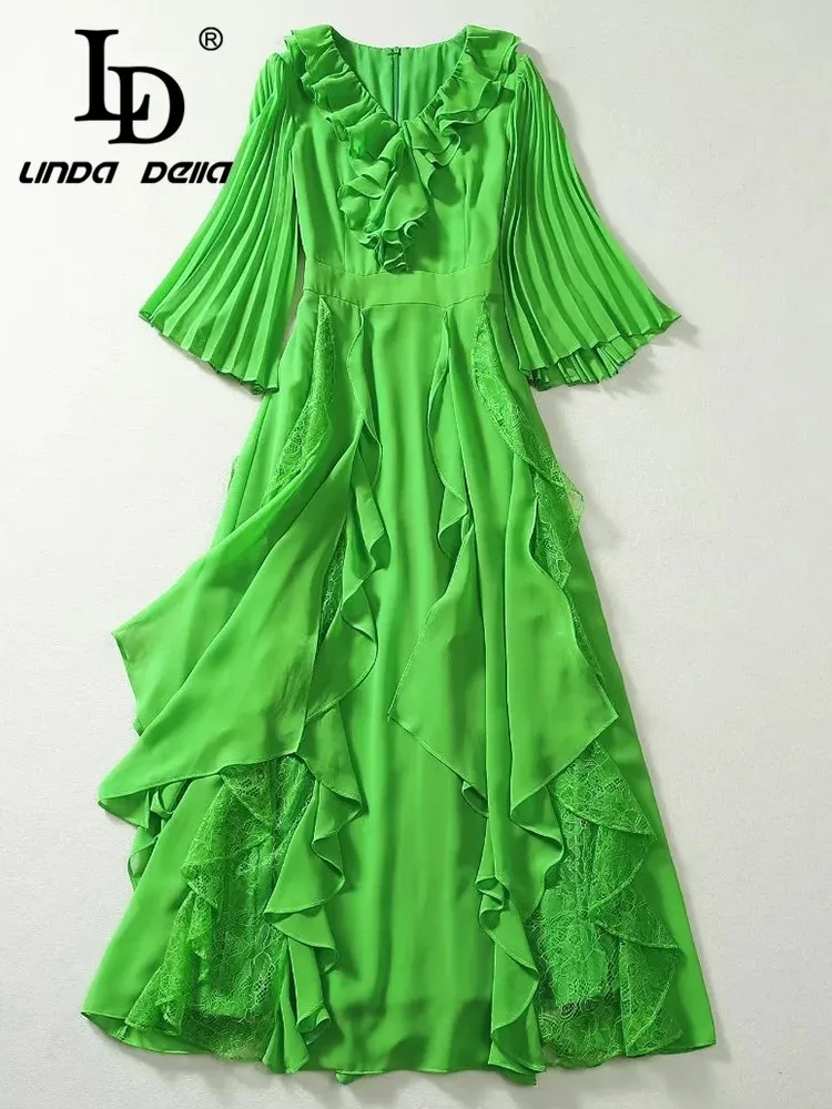 Imagem -06 - Linda Della-vestido Vintage para Mulheres Vestido de Festa Elegante Babados Cintura Alta Emenda Drapeado Irregular Slim Fit Verão 2023 ld