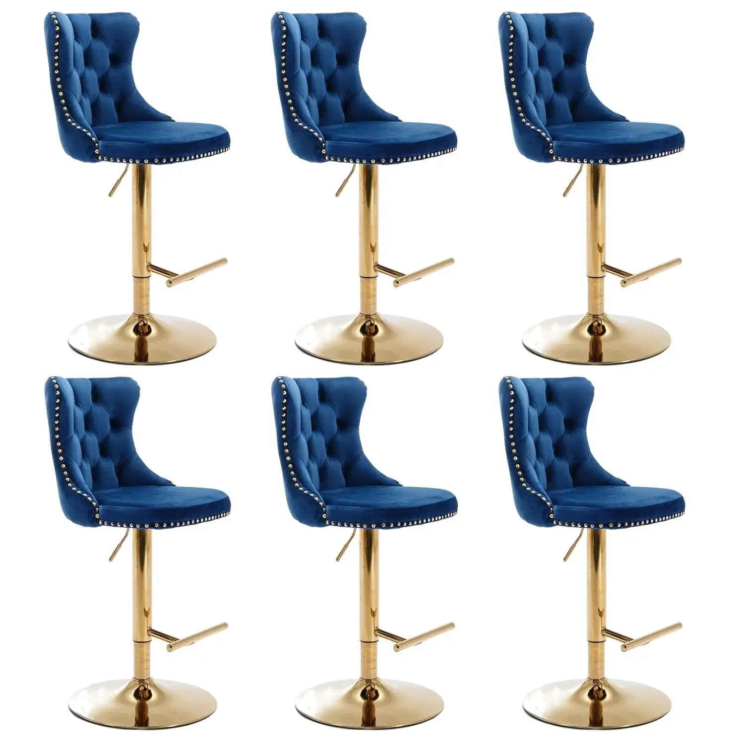 

Adjustable Height Bar Stool Set of 6, Swivel Barstools with Tufted Back and Gold Metal Base, Velvet Fabric, Customized