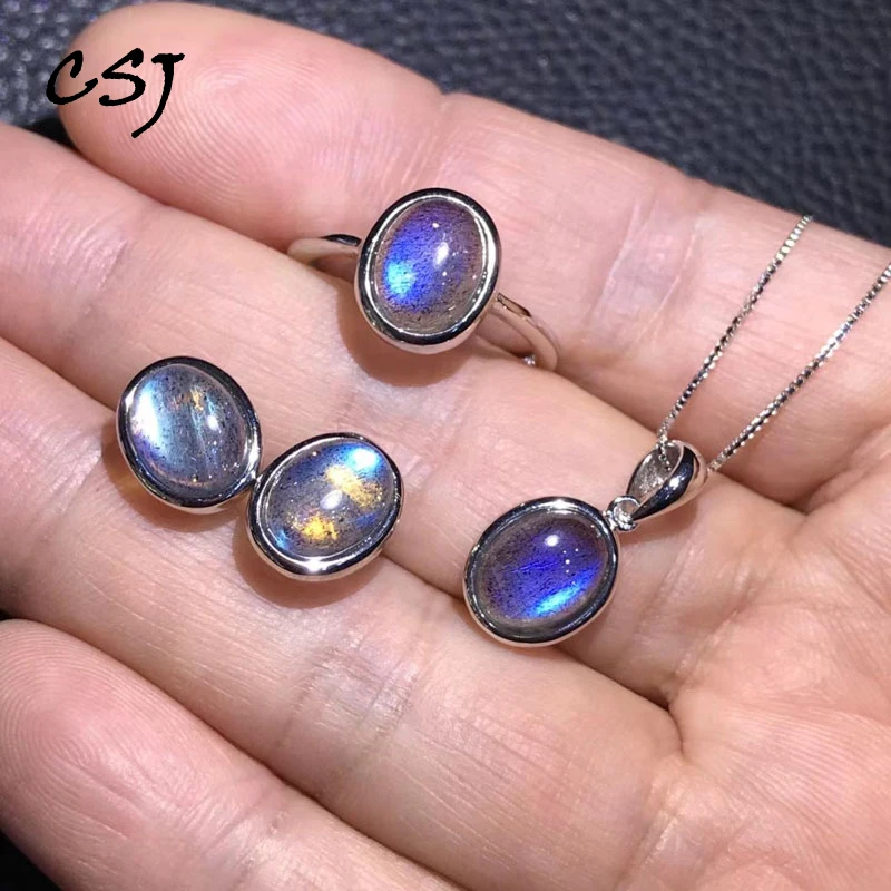 

CSJ 100% Natural Labradorite Jewelry Sets Sterling Silver Chatoyant Gemstone 7*9mm for Women Wedding Party Gift Fine Jewelry