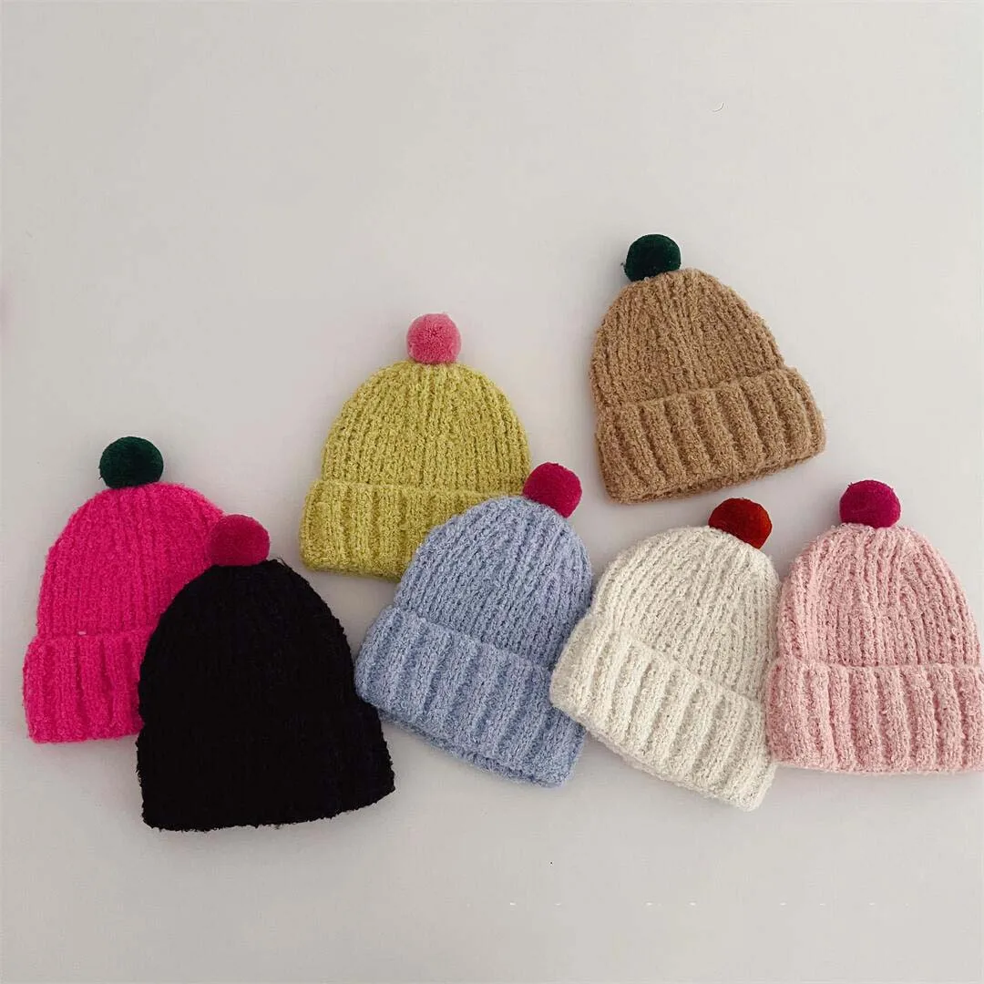 Cute Pom Pom Kids Hats 2023 Spring Autumn Kids Knit Hat Soft Elastic Baby Bonnet Caps For Girls Boys Kids Accessories