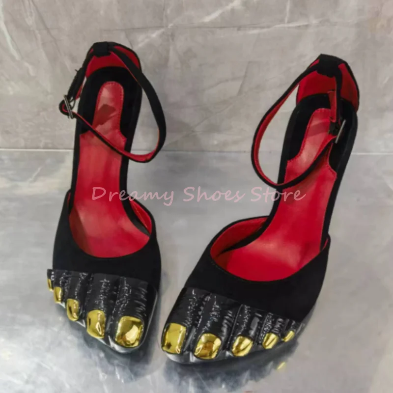Gold Five Fingers Suede Stiletto Pumps Women Satin Ankle Buckle Strap High Heels Sexy Luxury Party Catwalk Ladies Summer Shoes