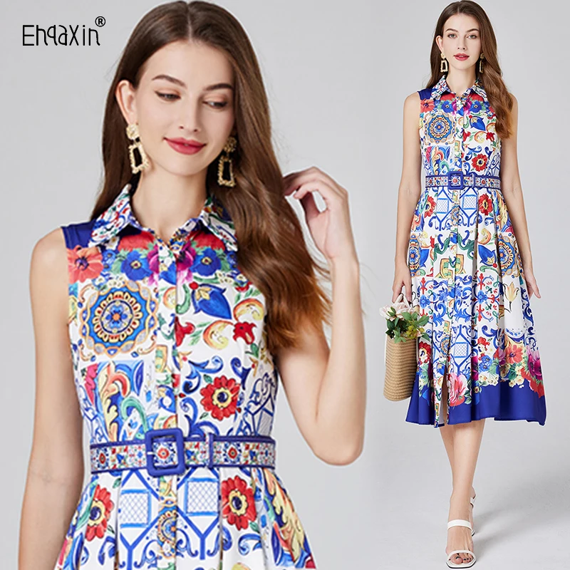 EHQAXIN Women's Dress Fashion 2024 Summer New Printed Shirt Collar Single Breasted A-Line Sweet Dresses With Belt Ladies S-2XL