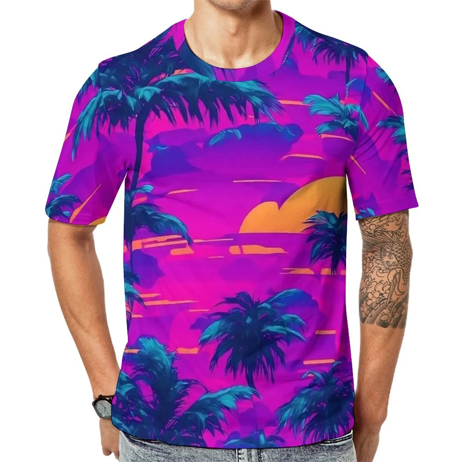 Purple Sunset Palm Trees T-Shirt  Trendy T-Shirts Man Basic Tee Shirt Premium Short Sleeve Graphic Clothing Plus Size 6XL