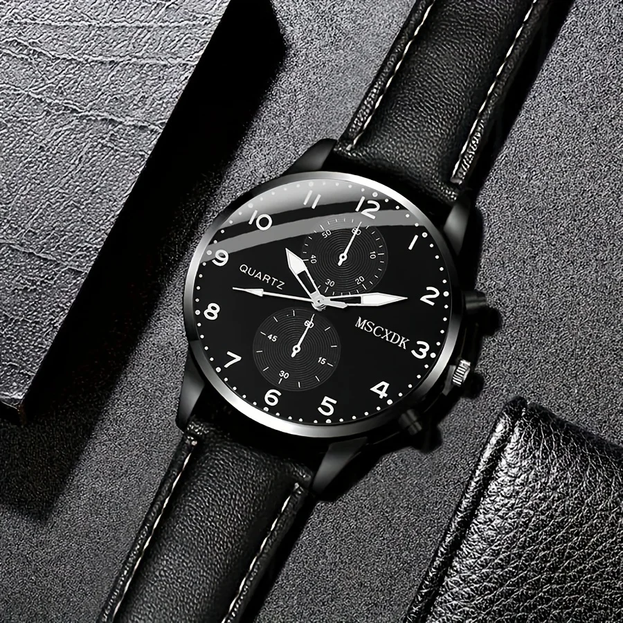 3 sztuk/zestaw męski biznesowy zegarek kwarcowy analogowy zegarek na rękę ze skóry PU i zestaw biżuterii, prezenty na dzień ojca dla niego