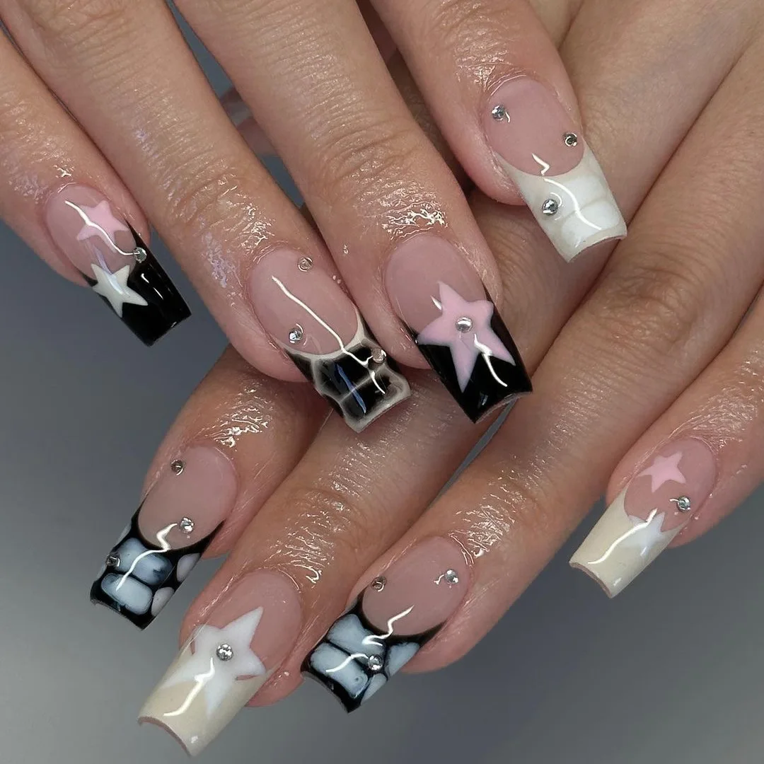 Short Square Fake Nails Y2K Style Nails Press on White/Black French Tips Star Diamond Designs False Nails for y2k Girls 24Pcs