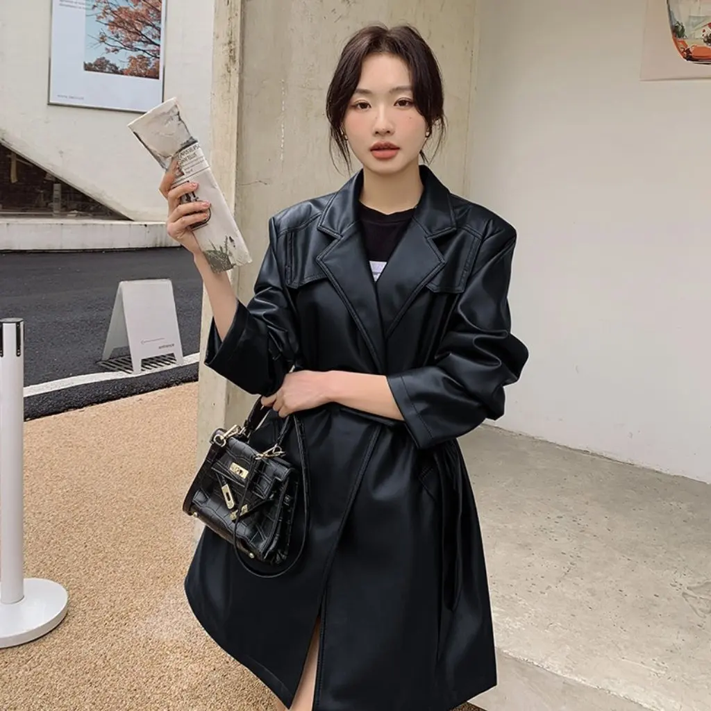 Chaqueta de cuero adelgazante con detalle de cinturón estilo Retro de Hong Kong para mujer, ropa de abrigo elegante de gama alta con perfil occidental de longitud media que combina con todo