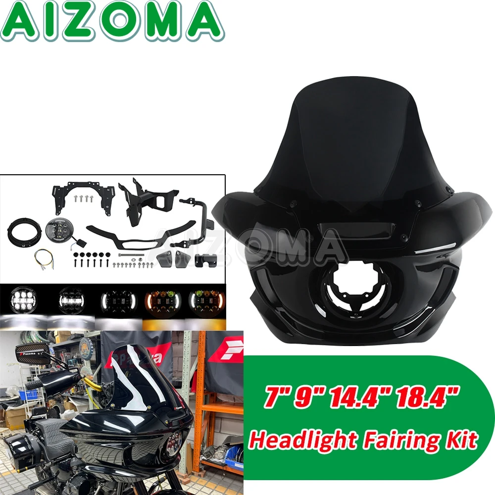 

5.75inch LED Headlight Fairing Kit Motorcycle 7" 9" 14.4" 18.4" Windshield Windscreen Cowl For Harley FXST FXBB FXBBS FXLR FXLRS