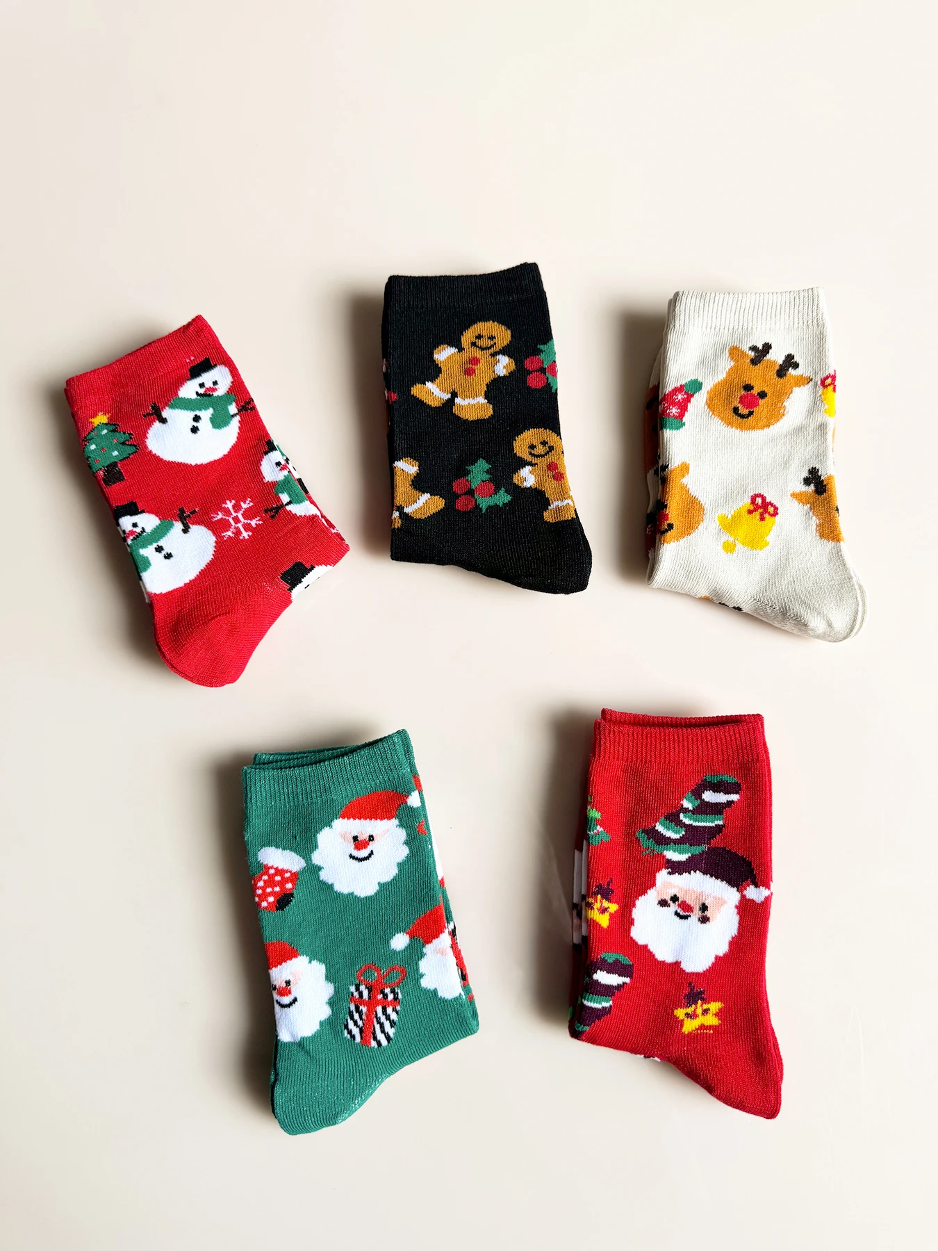 5 pairs of autumn and winter Christmas stockings, Santa Claus gift, snowman, reindeer, mid tube socks