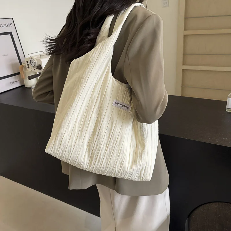 

Classy Female Solid Color Large Capacity Shoulder Bag Summer Refined Tote Stripe Sewing Japanese Simple Style Casual Handbag