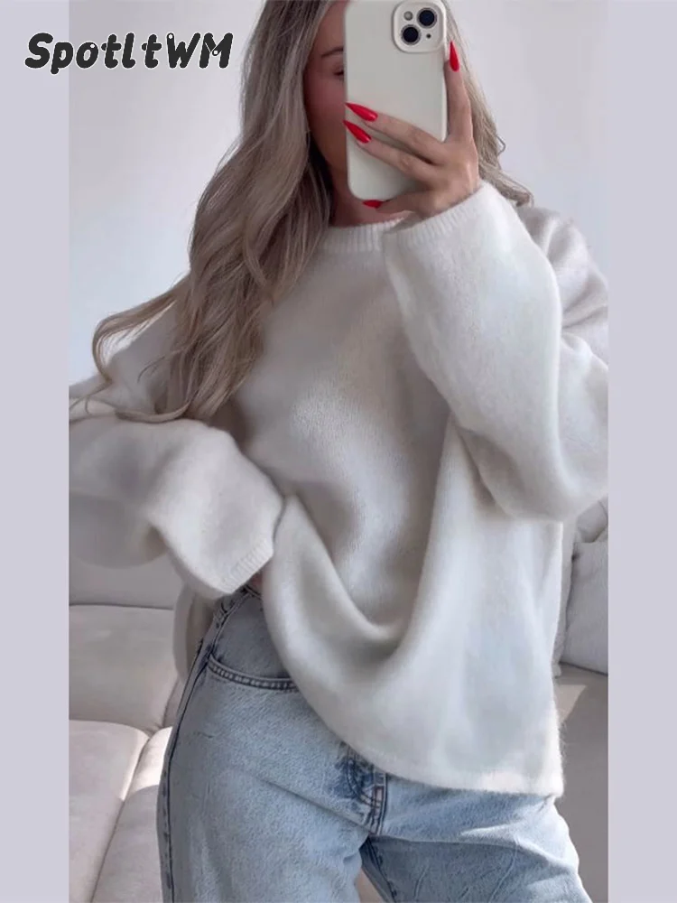 

Elegant Solid O Neck Knitted Pullover Women Casual Long Sleeves Loose Warm Sweater 2024 New Autumn Lady Commuting Street Jumper