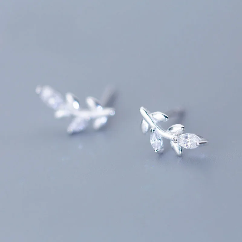 MloveAcc 100% 925 Sterling Silver Tiny Leaves Clear CZ Stud Earrings for Women Girl Trendy Fashion Silver Jewelry Gift