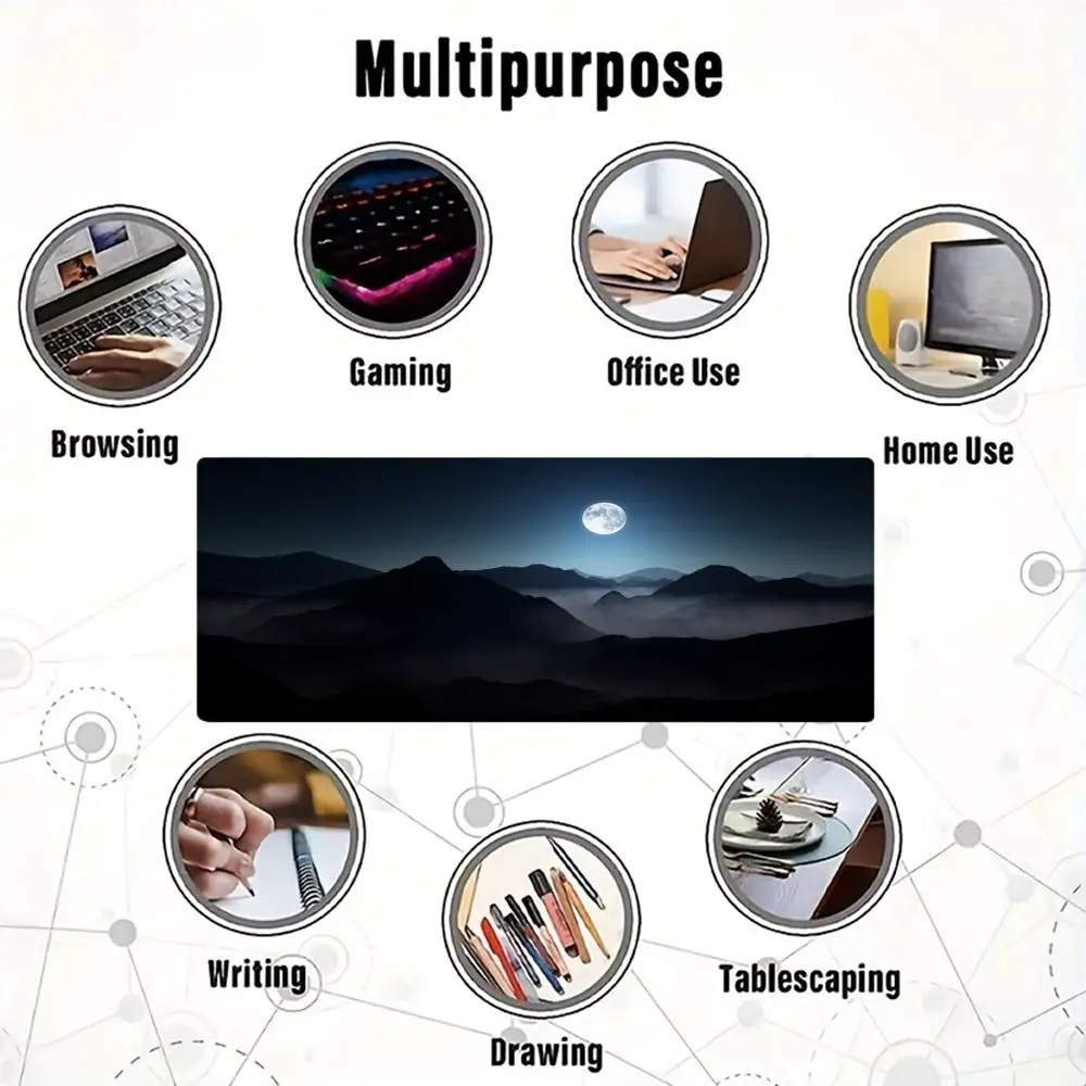 Night View Moon Landscape Mouse Pad, Large Stitched Edge Mouse Pad, XXL Keyboard Pad, Desk Accessories, Perfect for Home Office