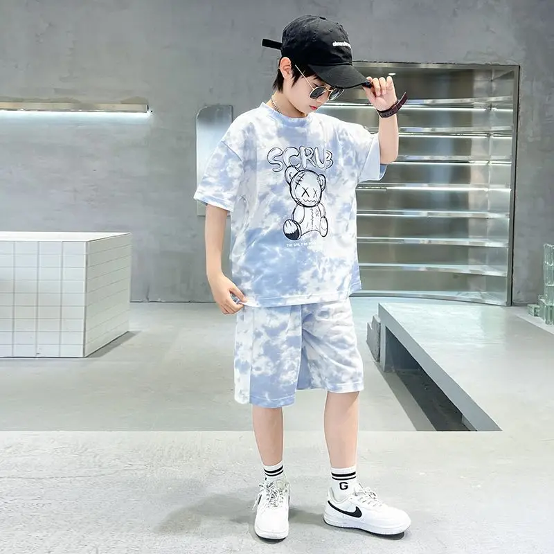 2024 summer Teenager Boys Clothes Casual Outfit Kids Tracksuit bear print Child t shirt + shorts hot pant 5 6 7 8 9 10 12 Year