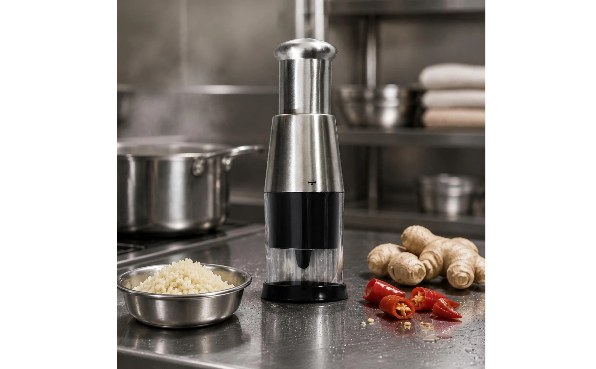 Manual Garlic Press Transparent Chamber Stainless Steel Garlic Chopper Manual Food Chopper Brushed Silver