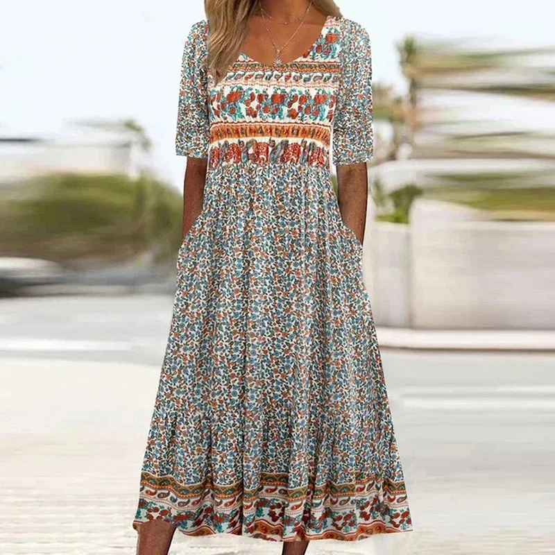 2024 Vintage Boho Stripe Print Women Sundress Summer Fashion V-Neck Short Sleeve Dress Elegant Ladies Midi Dress Femme Vestidos