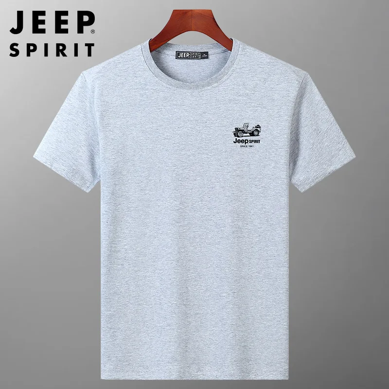 JEEP SPIRIT Summer Cotton Brand Print T-shirt Men Casual Sports Breathable Round Neck Top Mens Loose Simple Solid Short Sleeve