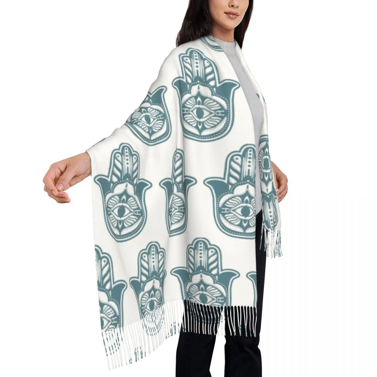 함사 악마의 눈 함사 핸드 보헤미안 스카프 태슬 스카프 여성용 부드럽고 따뜻한 숄 및 랩 롱 가을 겨울 숄 랩