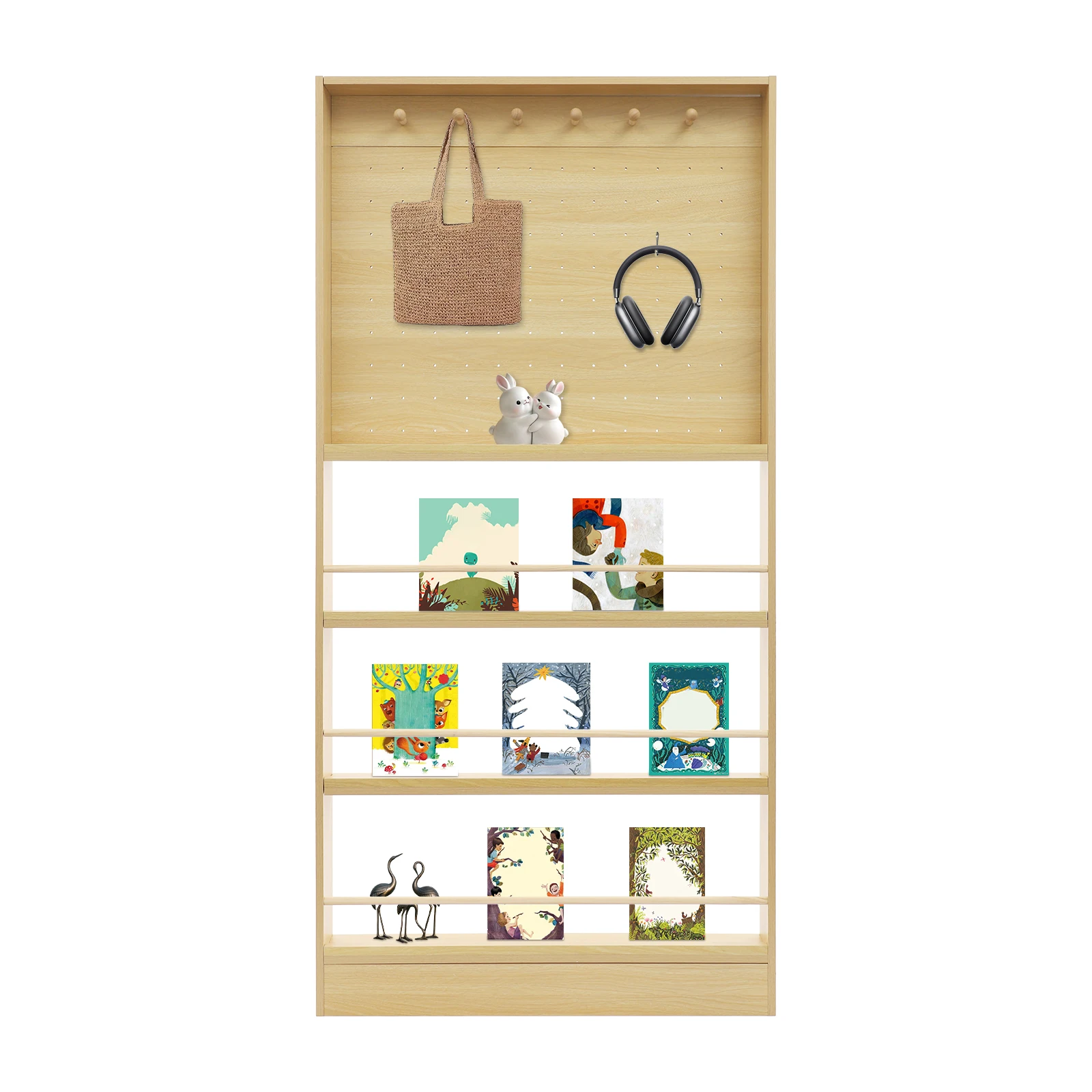

Solid Wood 3 Tiers Storage Rack Bookshelf with Pegboard 6 Hooks Organizer Display Shelf For Living Room 5.43*3.94*70.0 Inch