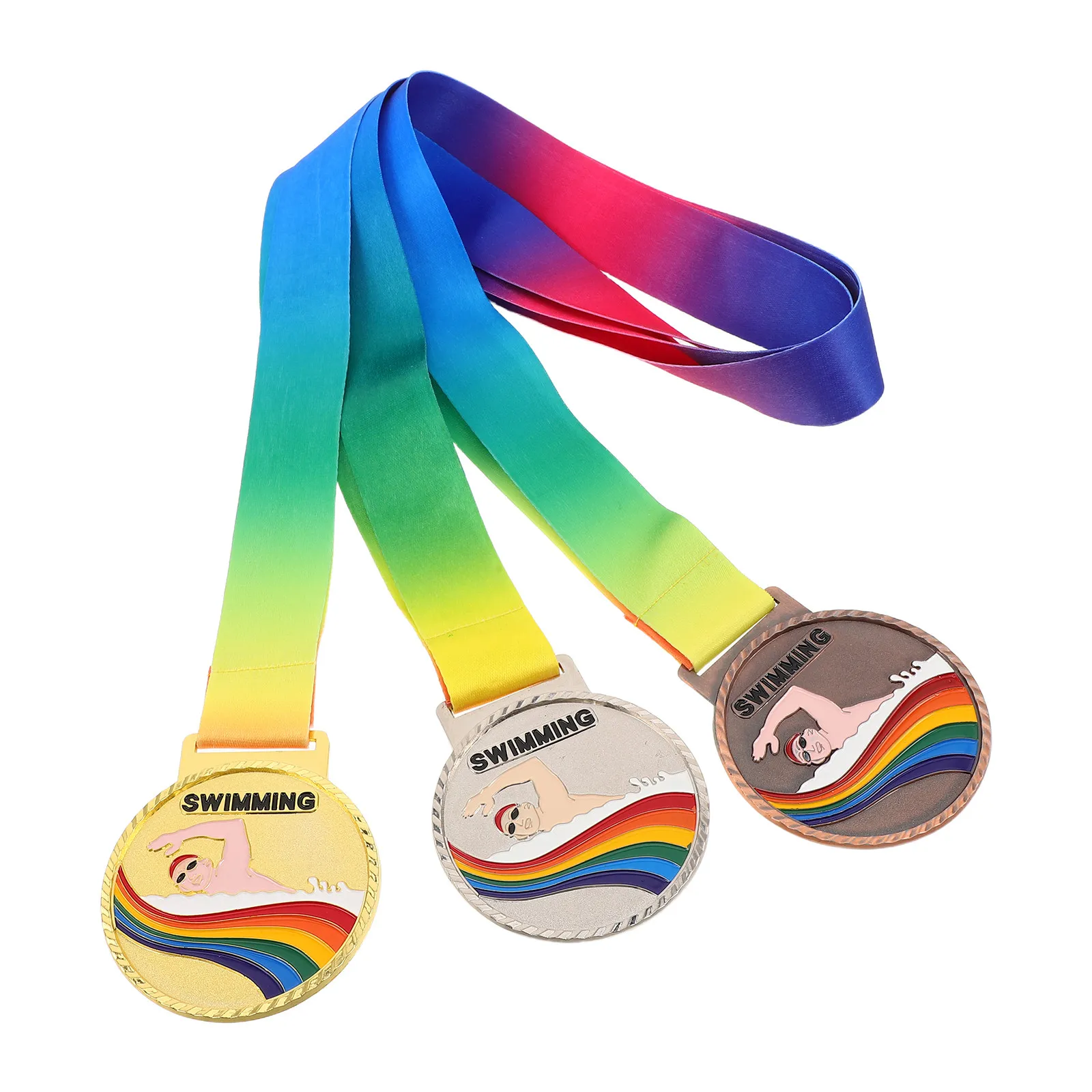 3Pcs Swimming Medals Metal Trophy Award Silver Bronze for Competition Sports Event Recognition with Neck Ribbon Kids