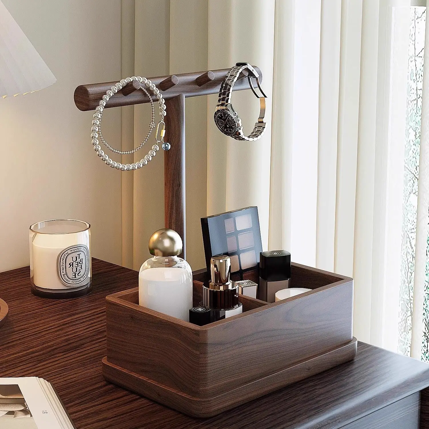 

Walnut Entryway Tray - Key & Jewelry Organizer with Cosmetic Storage