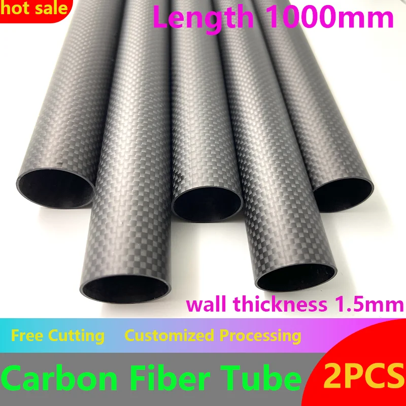 2Pcs 3K carbon fiber tube Length 1000mm Plain Matte wall thickness 1.5mm OD10mm 12mm 16mm 18mm 20mm 25mm 30mm 40mm carbon tube