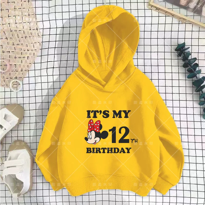 Disney Birthday Number 3-12 Boy Minnie Mouse Cartoons Kawaii Baby Sweatshirt Hoodies Girl Clothes Disney Mouse Kawaii Cartoons