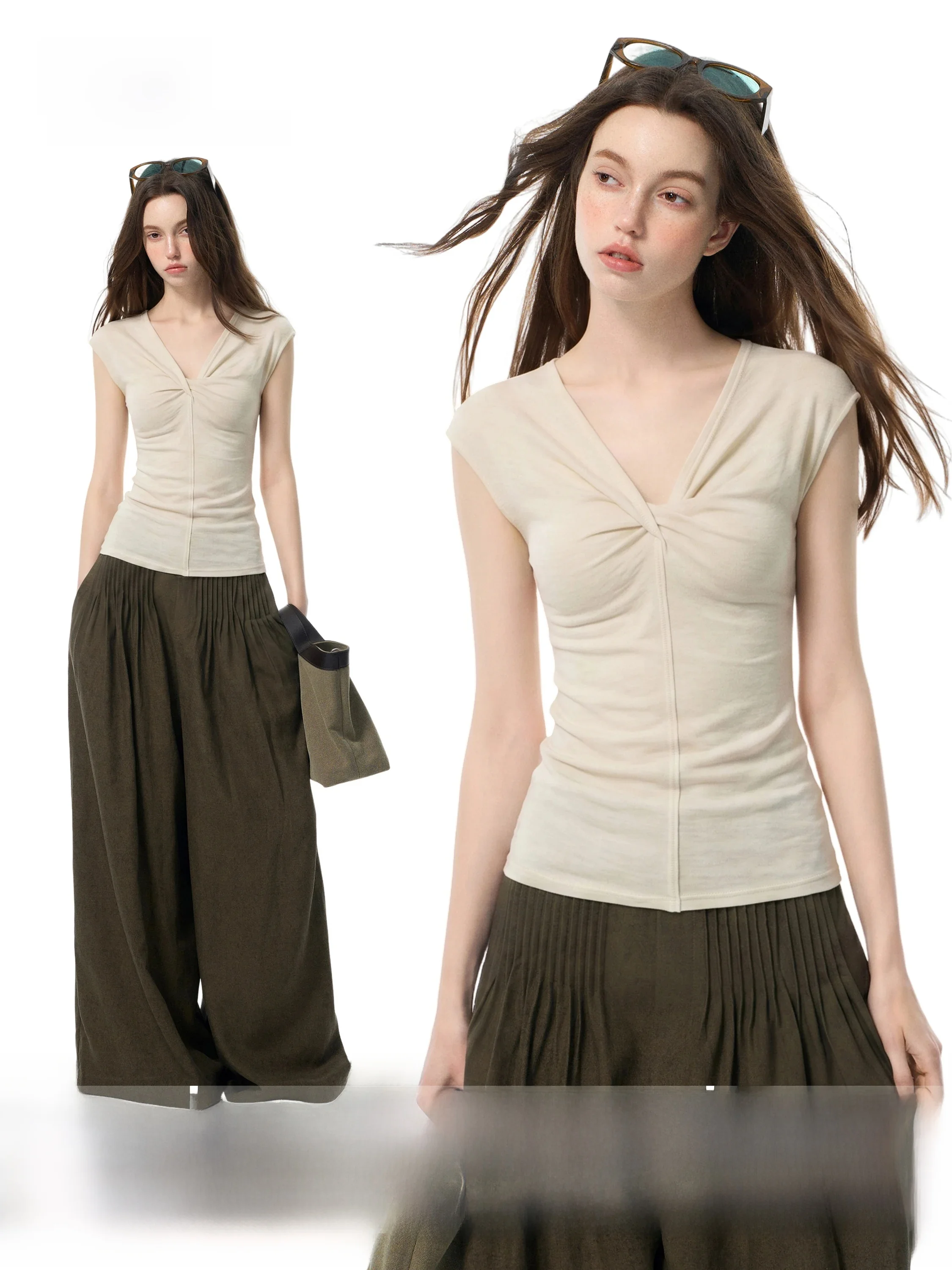 Cherry Blossom V-Neck Short Sleeve Slim Fit Women's T-Shirt Summer New Design Pleated Sleeveless Vest Top Korean Style
