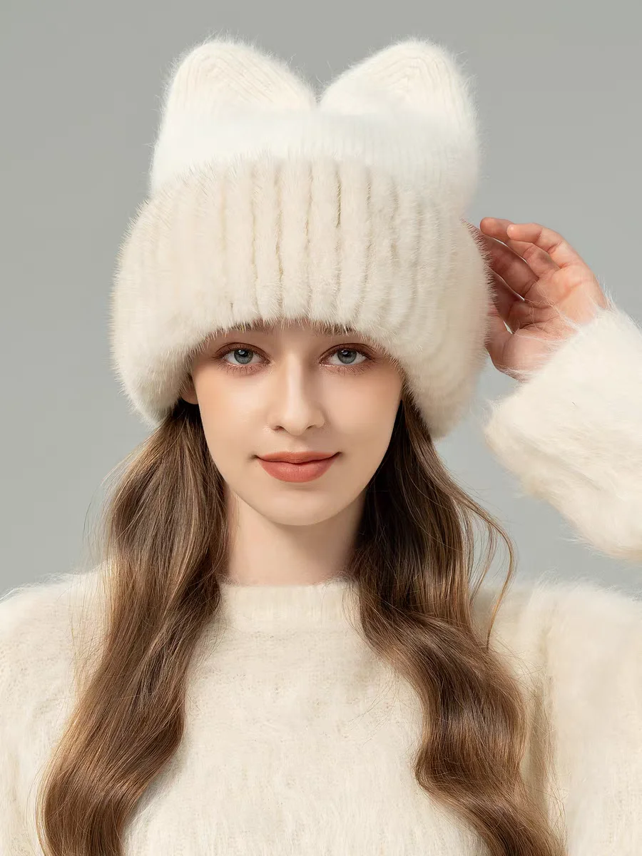 قبعة شتوية فاخرة للنساء من الصوف المحبوك الدافئ مع حواف من فرو المنك الحقيقي، بيع المصنع مباشرة للسفر
