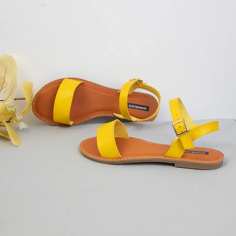 Women Flat Sandals 2024 Buckle Woman Summer  Shoes Retro Solid Round Toe Comfort Casual Beach Footwear Red Yellow Large Size