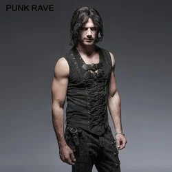 PUNK RAVE Black Punk Rock Cotton Leather Belt Sleeveless Man Tank Tops Steampunk Casual Vest Goth Tanks Body
