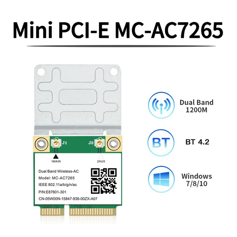 1200Mbps Wireless -AC7265 Dual Band Mini PCI-E WiFi Card Bluetooth 4.2 802.11Ac Dual Band 2.4G 5Ghz Adapter for Laptop