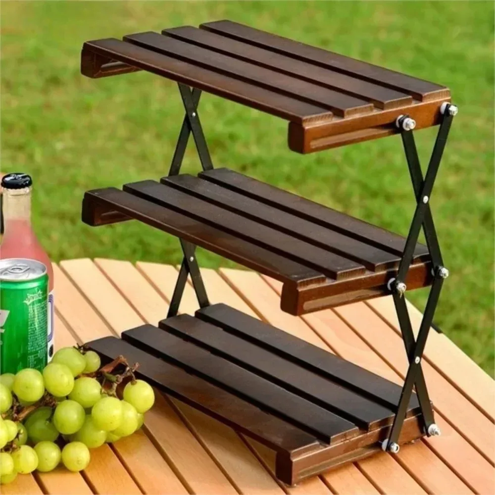 Camping Shelf Desktop Wooden Picnic Shelf Stainless Steel Three-layer Folding Storage Rack Outdoor Adjustable Barbecue Tabletop