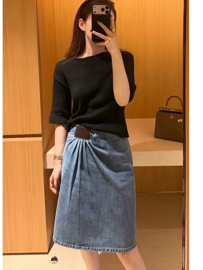 

Юбка EASE Design: Простая джинсовая юбка А-силуэта с высокой талией из смесового хлопка, весна 2026, в корейском стиле, для повседневной носки