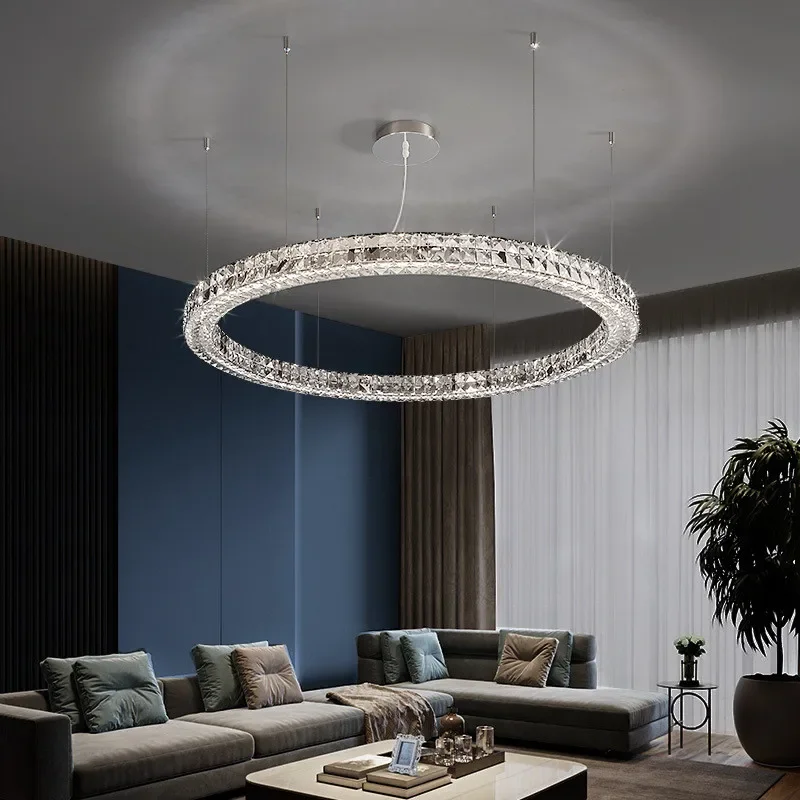 

Nordic Luxury Crystal Led Chandelier Italy Design for Living Room Sliver Lustre Chrome Steel Ring Dning RoomPendant Lamp